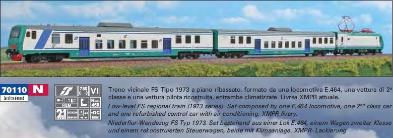 Treno regionale Trenitalia composto da una locomotiva elettrica E 464, una carrozza piano ribassato pilota e una intermedia ristrutturate, ep. VI