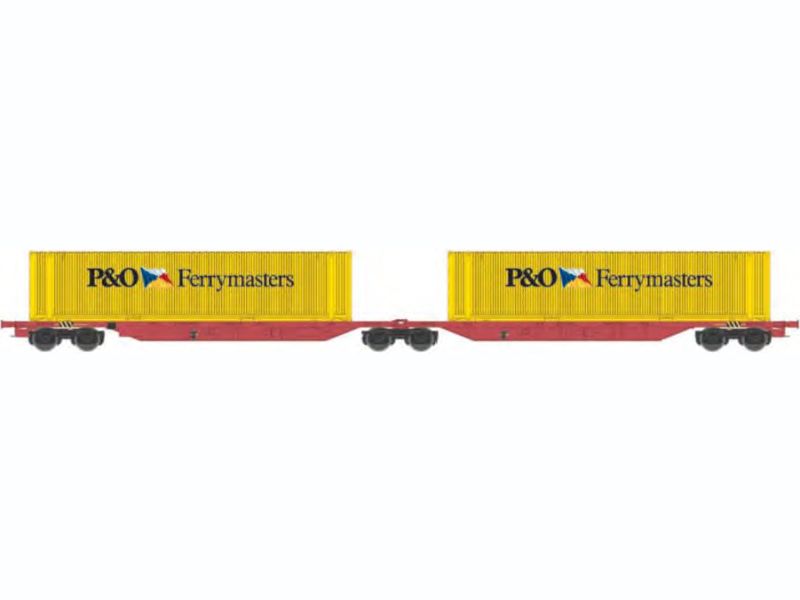 Carro intermodale doppio FS tipo Sggmrss da 104 piedi, caricato con due container da 45 piedi 'P&O', livrea rosso vagone, epoca V/VI