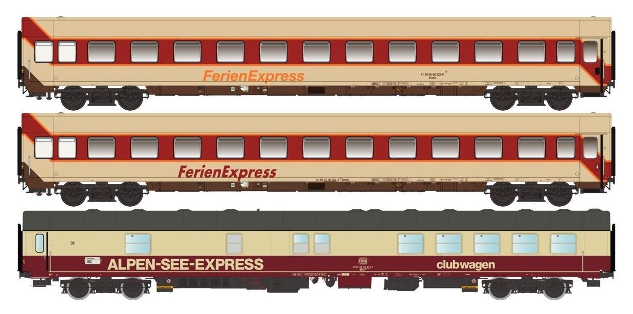 Set 1 'Ferien Express' delle DB composto da una ristorante WRtm 134 con scritta 'Alpen-See-Express' in livrea rosso/crema e due cuccette Bcvmh in livrea TUI con tetto crema, epoca IV/V