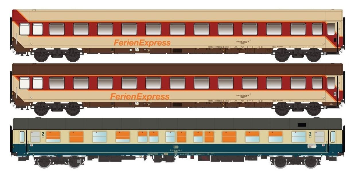 Set 2 'Ferien Express' delle DB composto da due cuccette Bcvmh in livrea TUI (una con tetto crema e una con tetto marrone) e una cuccetta tipo Bctm 256 in livrea blu/crema, epoca IV/V